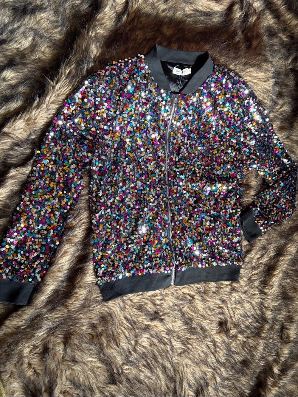 Anna-Kaci Sparkly Sequin Multicolored Bomber Jacket Long Sleeves Zip Up Size XL